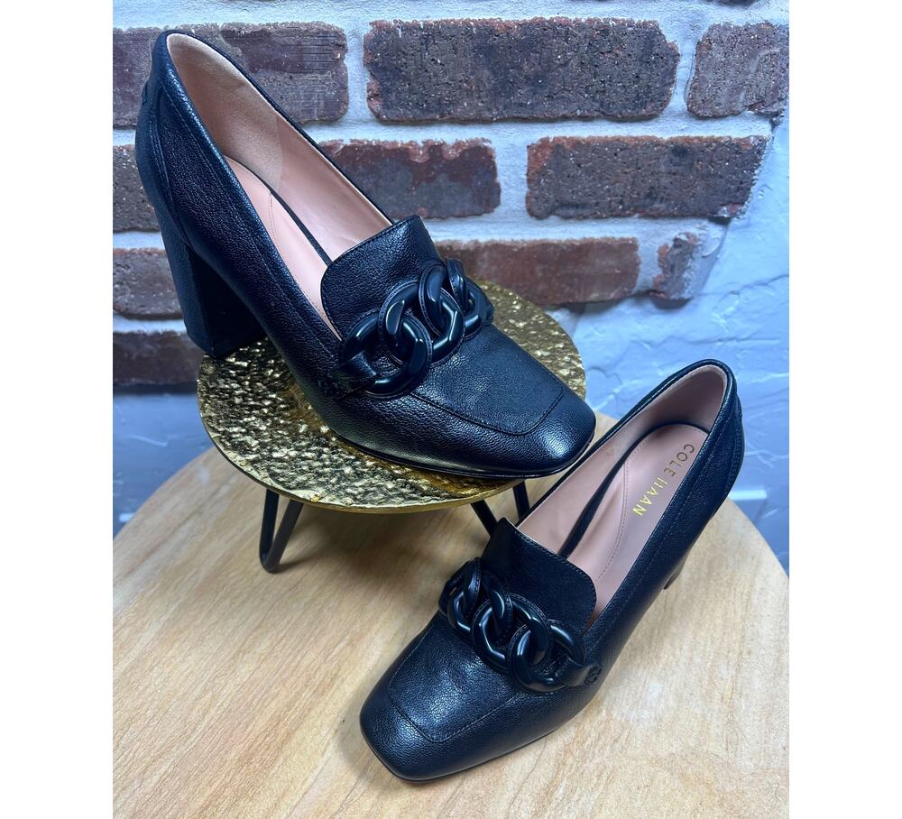 Cole Haan Chrystie Square Toe Chunky Chain Detail Black Leather Pump Wms Size 8B